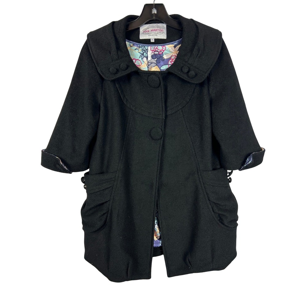Whimsigoth Pink Martini‎ Black Swing Coat Retro Mod Peacoat Medium